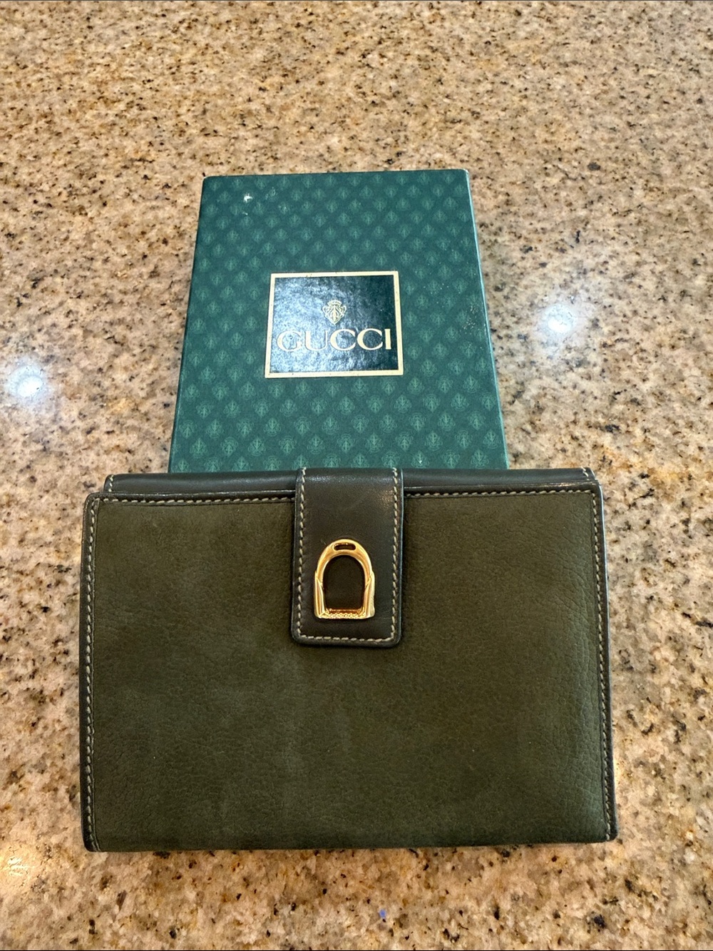 Gucci Dark Olive Leather Bifold Wallet with Gold Buckle